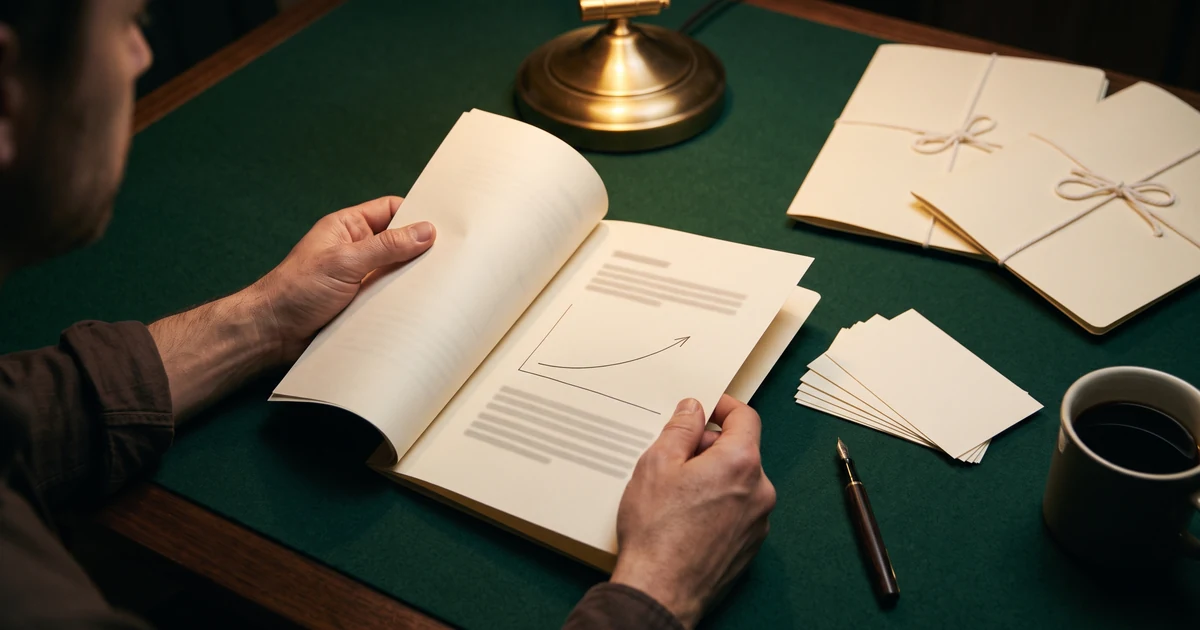 Hands hold open a cream paper startup dossier on a green felt desk under a brass lamp